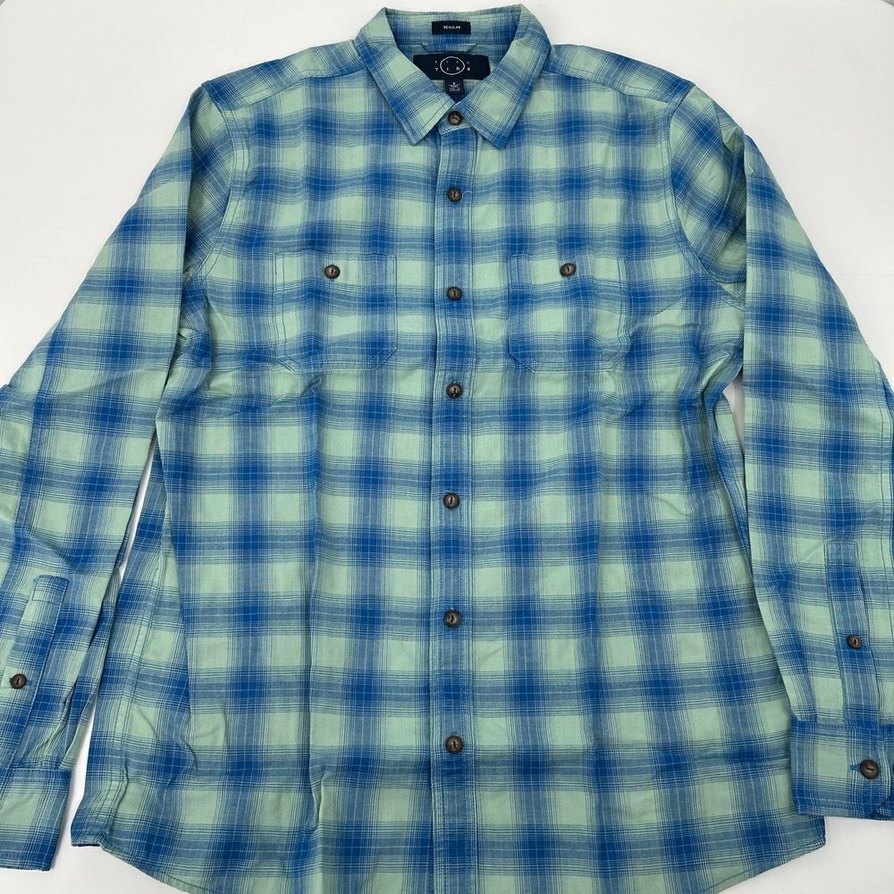 NWT Even Tide Long Sleeve ButtonUp Plaid Shirt Double Chest Pockets Small Tall